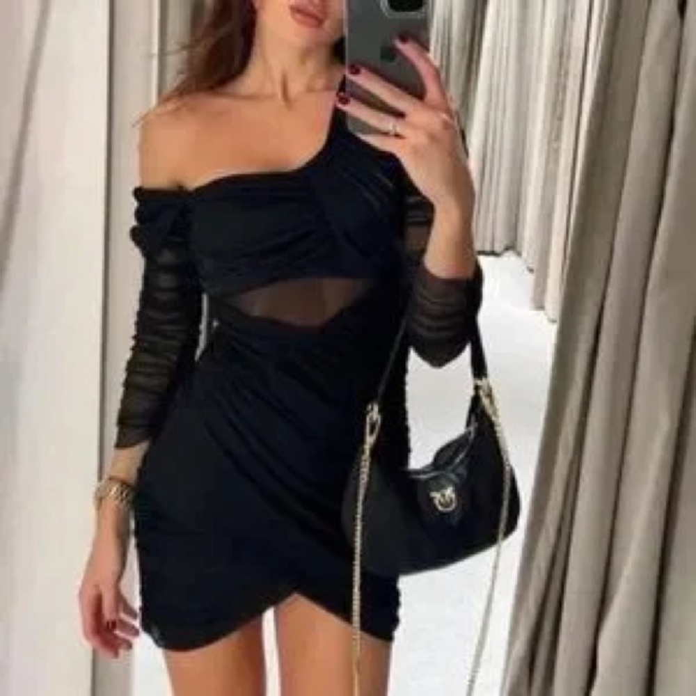 Zara long sleeve mesh, Ruched black mini 
Dress